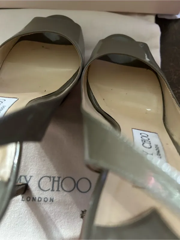 Jimmy Choo Vertigo Patent Leather Slingback Peep-Toe Pumps Pebble Palladium - Image 14