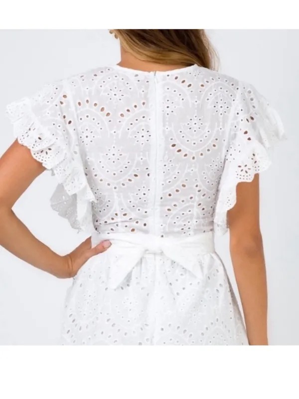 Polly White Eyelet Ruffle Mini Dress Bachelorette Wedding Shower 12 - Image 5