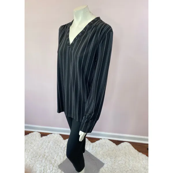 Ann Taylor Black Diagonal Striped V-Neckline Blouse - Image 6