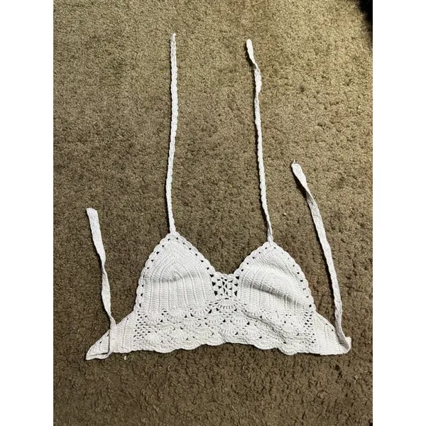 Handmade Crochet Halter Top White Boho Knit Festival‎ Crop Bralette XS - Image 2