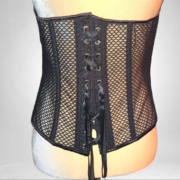 Black ornate leatherette design vintage steam punk style corset with mesh back - Image 8