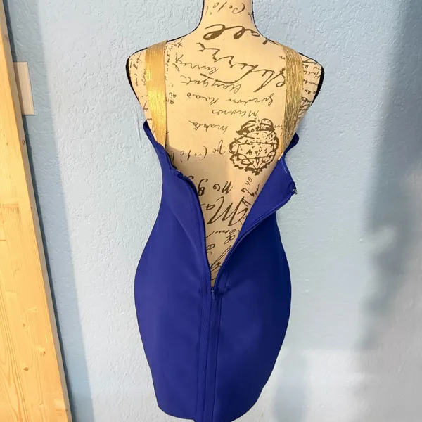 👑 VENUS Royal Blue & Gold Bandage Bodycon Mini Dress | Size S 💙✨ - Image 4