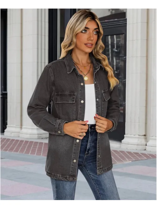 NEW Cotton Jean Jacket Shacket Oversized Button Down Denim L Gray Size L - Image 6