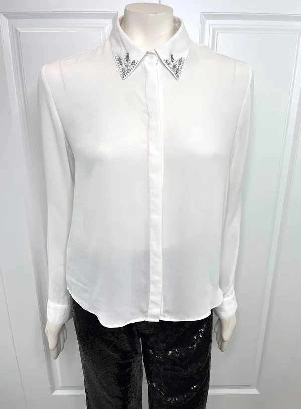 White Jewel Collar Long Sleeve Button Down Blouse - Image 5