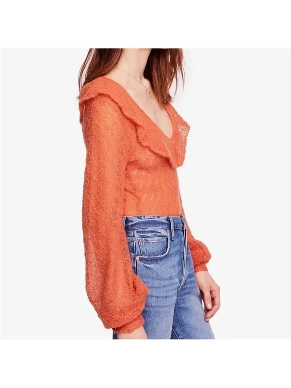 Free People Macaroon Ruffled Neck Mohair Wool Sweater Burnt Orange Ruffle size L - Image 2