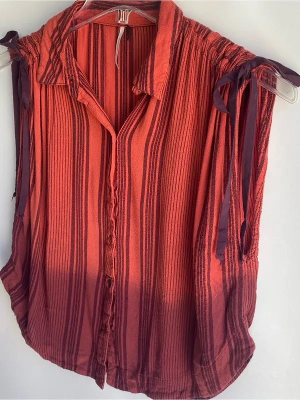 Free People dip dye ombre button down stripe top ruched shoulder bow tie small - Image 3