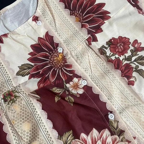 Womens‎ Floral Patchwork Boho Blouse Burgundy Cream Lace Print Side Tie Top - Image 2