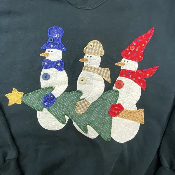 Vtg Snowman Applique Sweatshirt Adult XL Faded Black Jerzees Tag Grandma - Image 2
