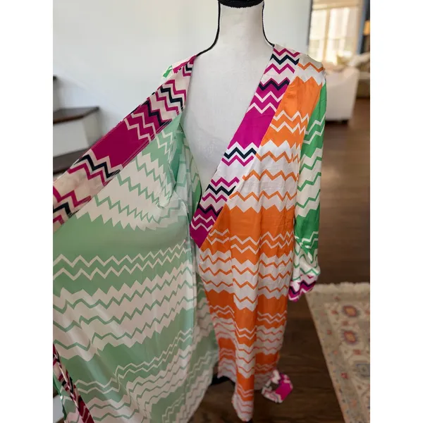 Never Fully Dressed Orange Green Chevron Long Sleeve Wrap Satin Midi Dress - Image 6