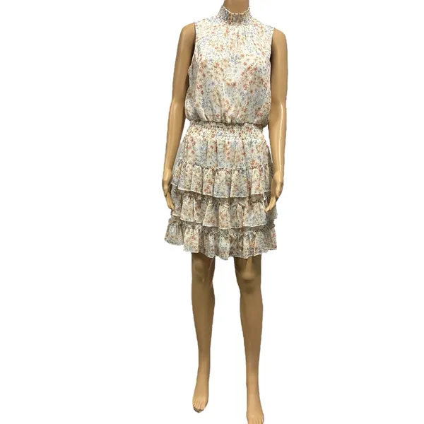 MSK Cream Floral High Neck Sleeveless Ruffled Tiered Mini Dress Womens Medium - Image 2