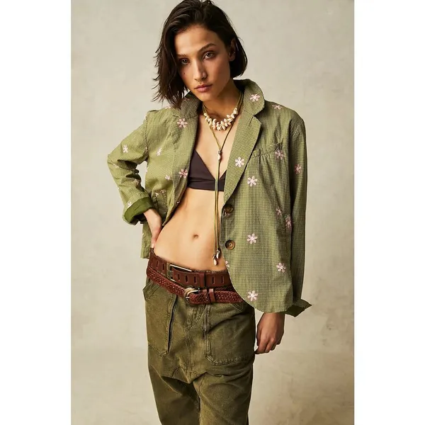 NWT $198 Free People Cali‎ Printed Blazer Jacket XS Green Daisy Flower Pink - Image 2