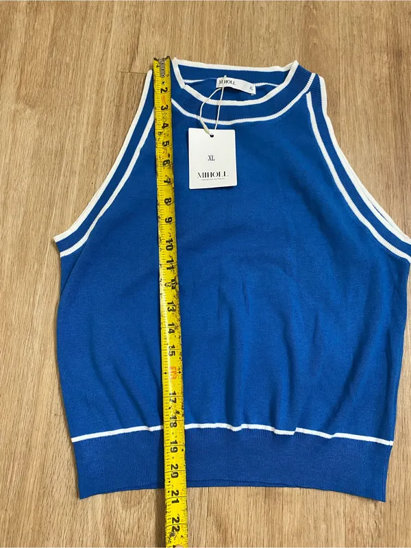 Sleeveless Ribbed Tank Top in Bright Blue with White Trim - Image 5
