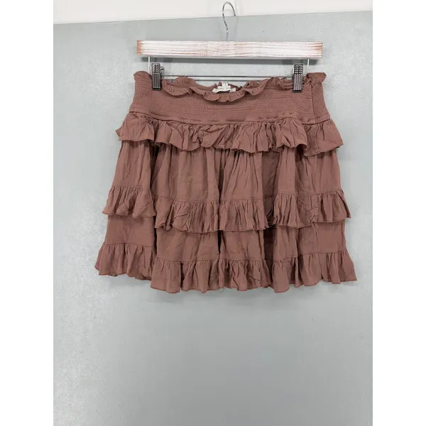 Love Tree‎ Tiered Mini Skirt Womens Large Mauve Brown Smocked Ruffle Boho - Image 2