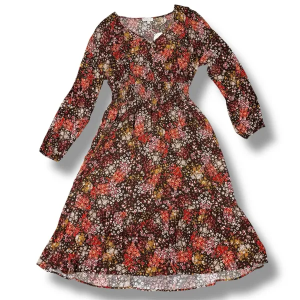 Cottagecore Floral‎ Smocked Waist Long Sleeve Boho Midi Dress Brown Multi Large - Image 11