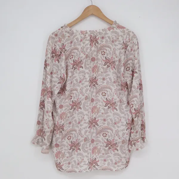 LOFT Womens Pink Paisley Floral V-Neck Ruffle Cuff Blouse Top Medium - Image 4