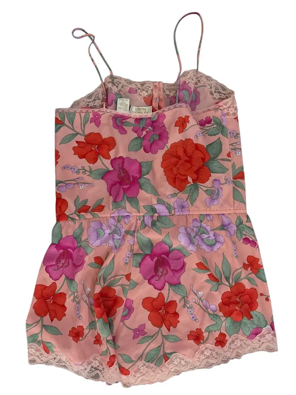 Vintage Floral Satin Lace-Trim Romper - Pink with Red & Purple Flowers - Image 2