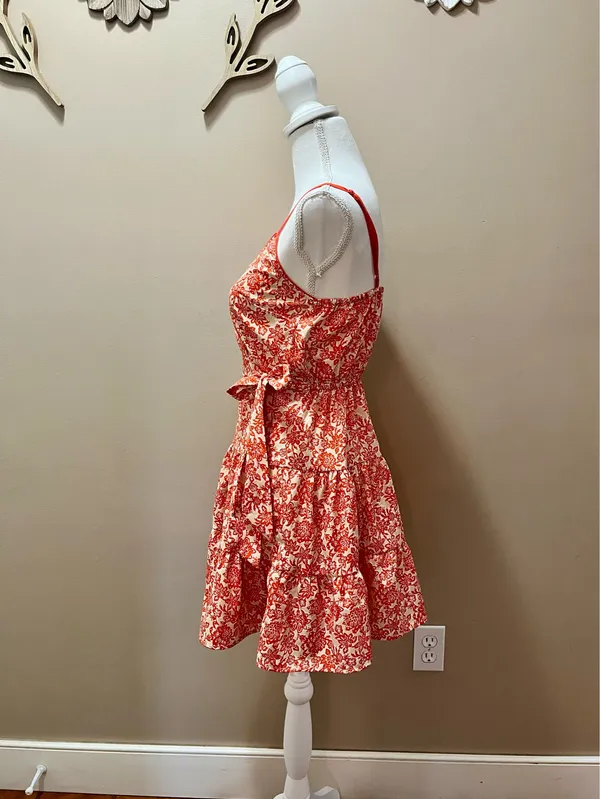Orange and White Floral Mini Sundress Size Small - Image 3
