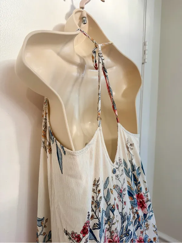 Billabong XS San Sebonne Floral Halter Maxi Dress Ivory Pink Crinkle Open Back - Image 13