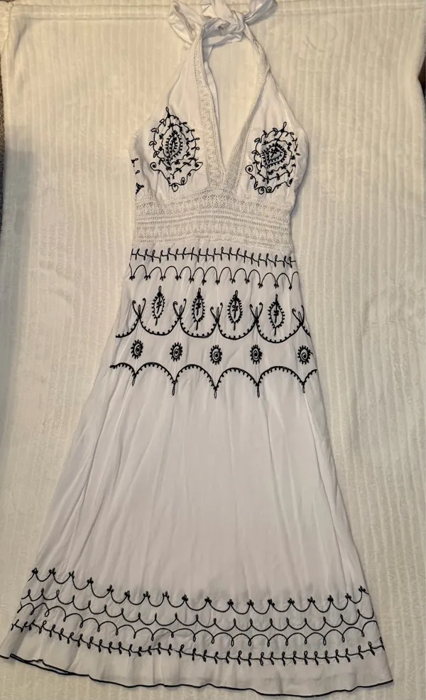 VTG Uluwatu Bali Handmade Lace Embroidered Halter Maxi Dres Size S Boho - Image 6