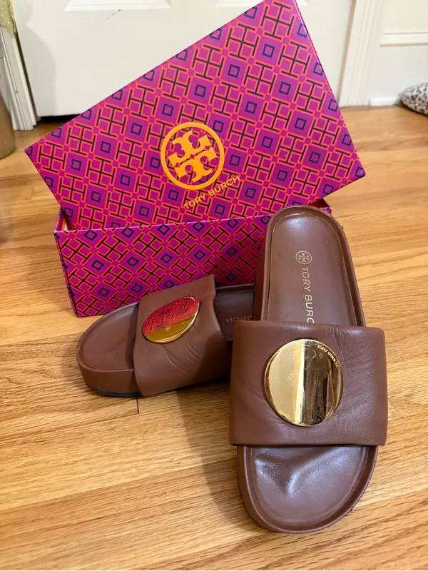 TORY BURCH Patos Disc Nappa Leather Platform Slide Sandals Size 7 M Burnt Cuoio - Image 8