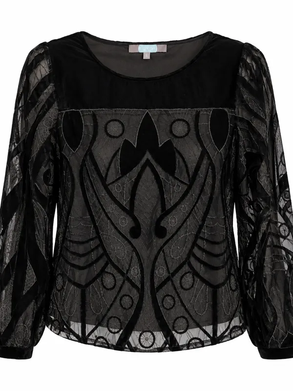 Eva Franco Art Deco Embroidered Mesh Top Womens S Black Burnout Velvet - Image 2