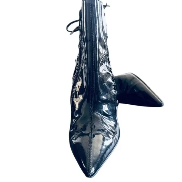 Carlos‎ Santana Black Ankle Boots Pointed Toe Stiletto Heel Patent Lace-Up Croc - Image 4