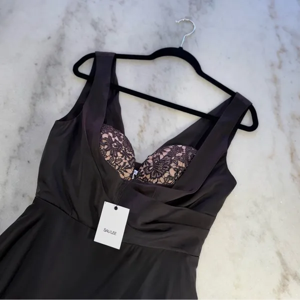 Sau Lee Black Satin Lace Bodice Drape Midi Dress Womens Size US 8 New NWT - Image 9
