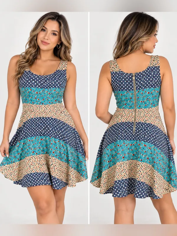 Free People Sleeveless Patchwork Floral Sundress in Navy, Teal & Tan - Image 2