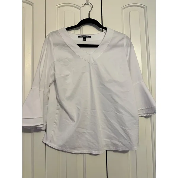Zac & Rachel V-Neck Blouse Bell‎ Sleeve White Professional Top Womens S - Image 3