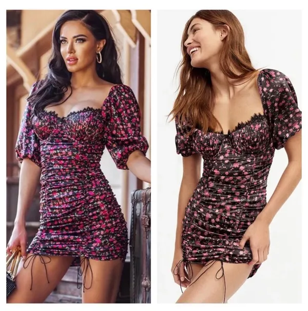 For Love and Lemons Melrose Mini Dress Medium Floral Puff Sleeve Ruched Corset - Image 2
