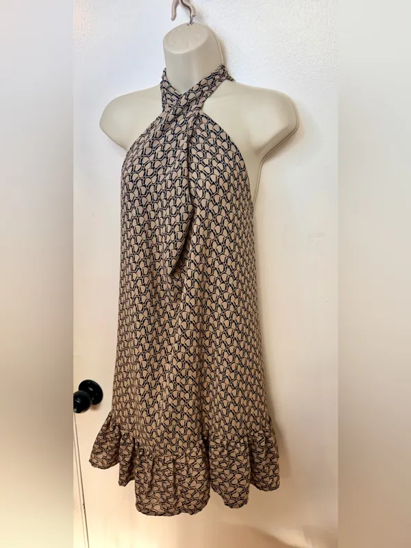 EMERY ROSE Size S Halter Mini Dress Beige Black Geometric Print Ruffle Hem - Image 5