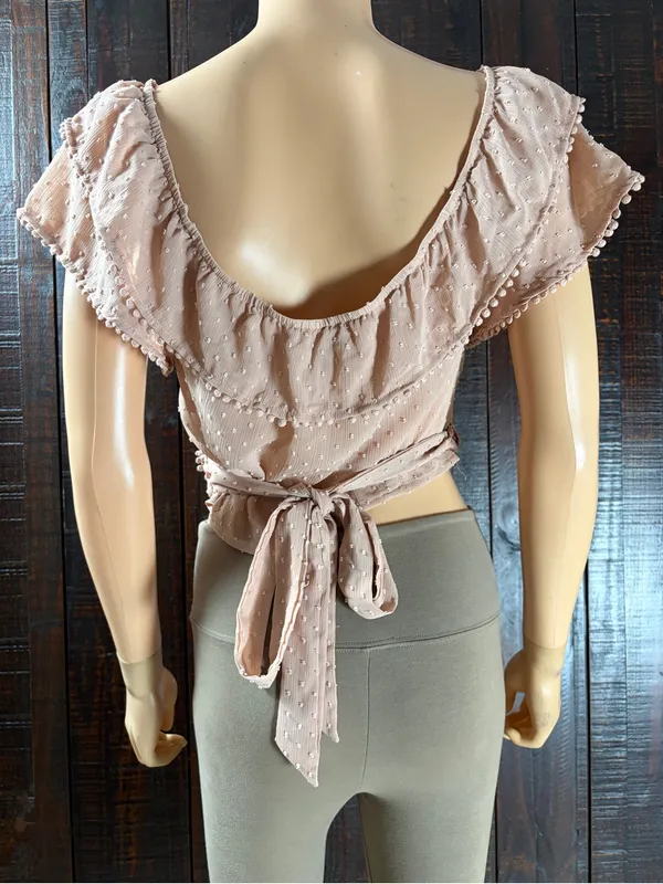 TOBI Swiss Dot Blush Pink Ruffle Wrap Top - Crop Top XL - Image 3