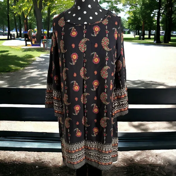Gibiu Womens‎ Dress Sz S Black Paisley Print Shift 3/4 Sleeve NEW - Image 3