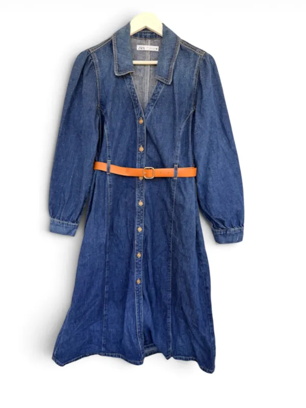 Zara Dark wester Blue Denim Midi Shirt Dress with Brown Belt - Image 3
