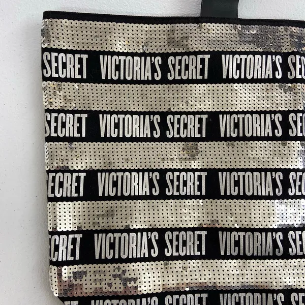 Victoria's Secret black‎ silver sequin striped large tote bag purse zip lined - Image 2