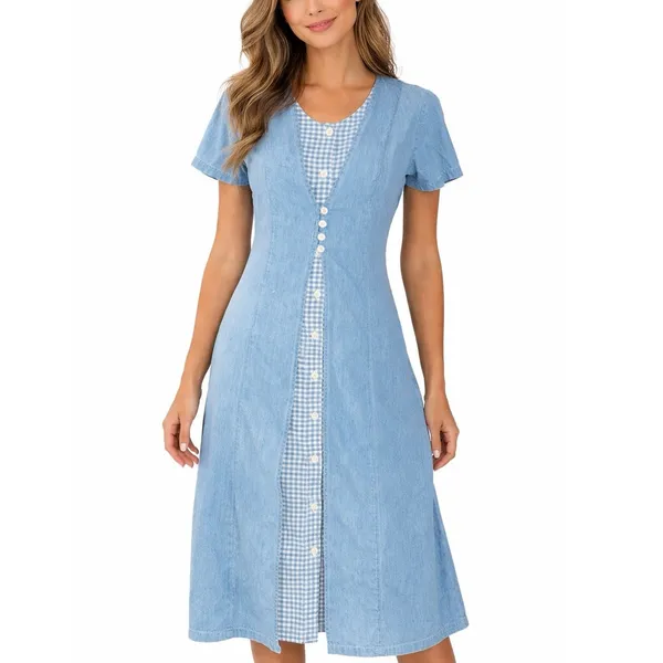 Vintage‎ 90s Chambray Gingham Plaid Midi Dress Button Front Cottagecore Medium Blue Size 10 - Image 12