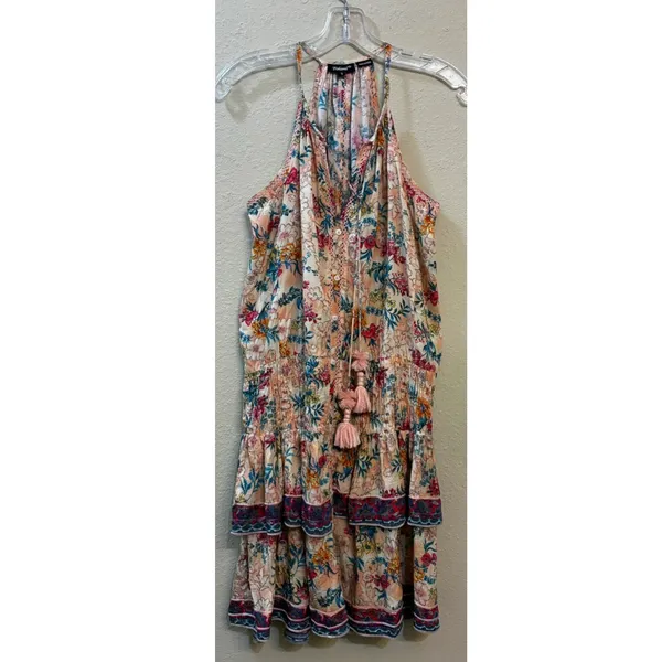 Tolani Boho Floral Halter Ruffle Mini Dress Peach Pink Tassel Smocked Waist - Image 9