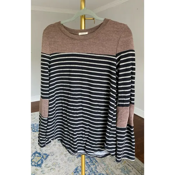 12PM by Mon‎ Ami Sweater Striped Long Patch Sleeve Color Block Preppy Academia L - Image 3