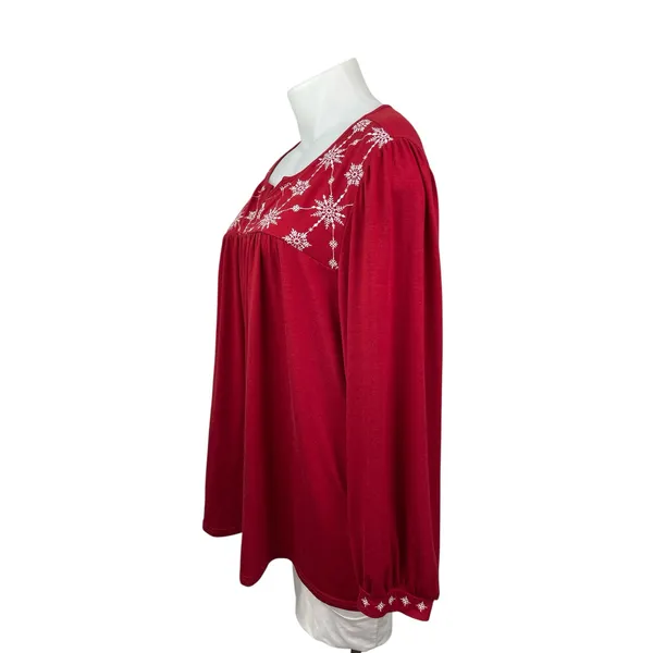 Bloomchic Women's Red Embroidered Snowflake Long Sleeve Shirt Blouse Top 22/24 - Image 3