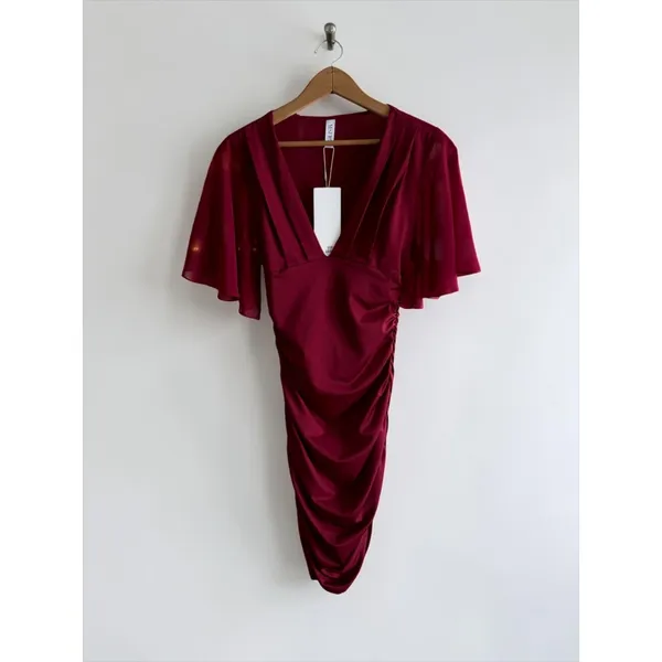 YESTTO Burgundy‎ Ruched Deep V-Neck Flutter Sleeve Bodycon Mini Dress Small NWT - Image 2