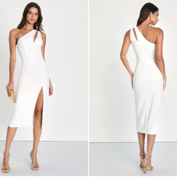 LULUS Bridal Bachelorette Engagement Bridal Shower Sexy One Shoulder Midi Dress - Image 2