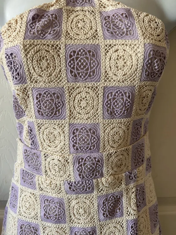 Anthropologie FORE‎ COLLECTION Lilac/Cream Checkered Crochet Halter Dress Autumn Wedding Guest - Image 6