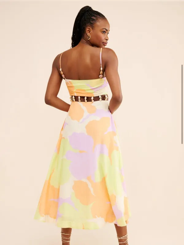 Amur Pastel Floral Midi Dress with Beaded Waist Straps - Yellow Green - Image 2