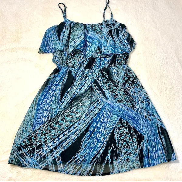 Lila Rose Dress Blue Green Black Print Sleeveless Ruffle Mini Dress Medium - Image 4