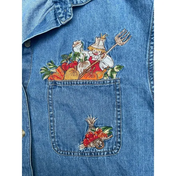 Vintage Cottagecore Autumn Embroidered Denim Shirt Harvest Teacher Western 90s M - Image 14