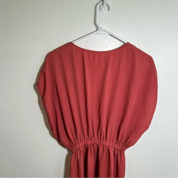 Womens Mini Dress V-Neck Short Dolman Sleeve Pink Red Elastic Waist A-Line Skirt - Image 6