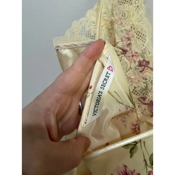 Vintage Victorias Secret Floral Satin Lace Bodysuit Cream Pink Medium - Image 6