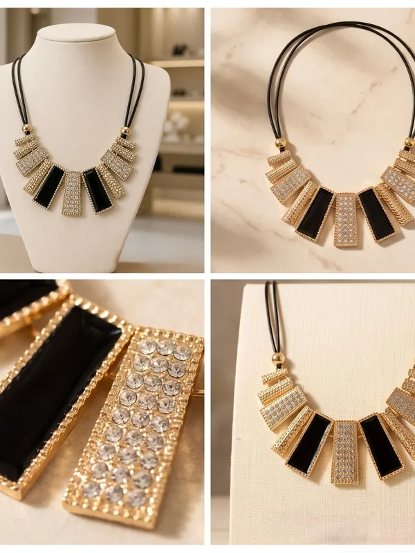 Gold and Black Pavé Bar Necklace - Image 2