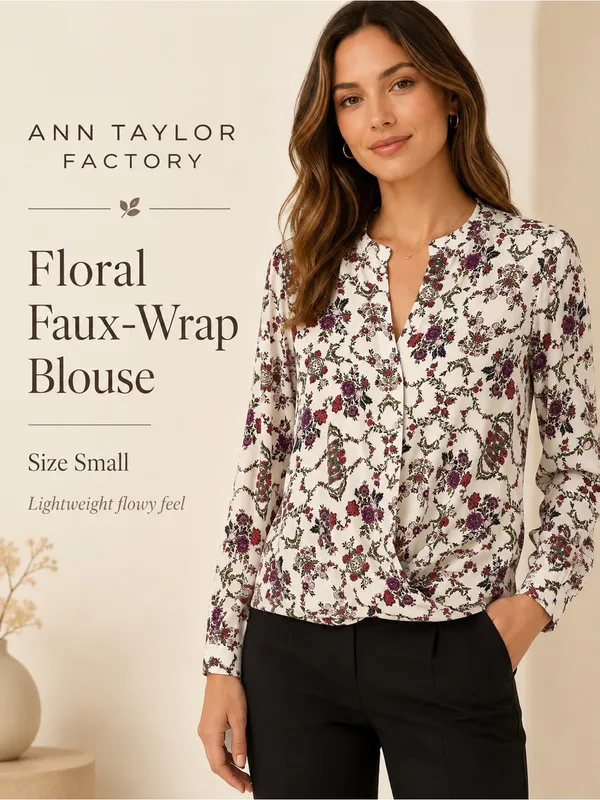 Ann Taylor White Floral Wrap-Style Blouse with‎ Pink & Red Blooms - Image 2
