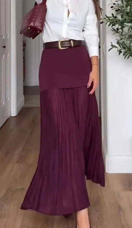 NWT ZARA WOMAN HIGH-WAIST COMBINED PLEATED KNIT SKIRT in BURGUNDY. Size Medium - Image 7